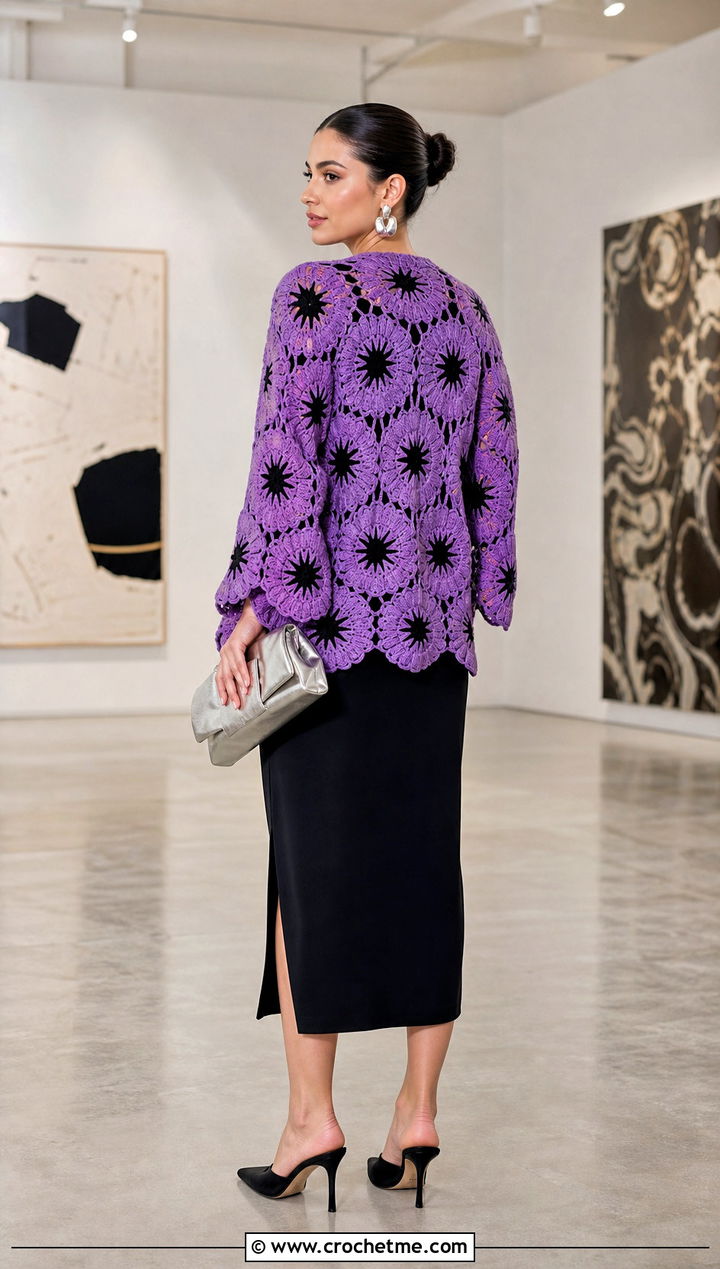 Starburst Circle Crochet Cardigan With Black Column Dress - 25 circle crochet cardigan outfit ideas