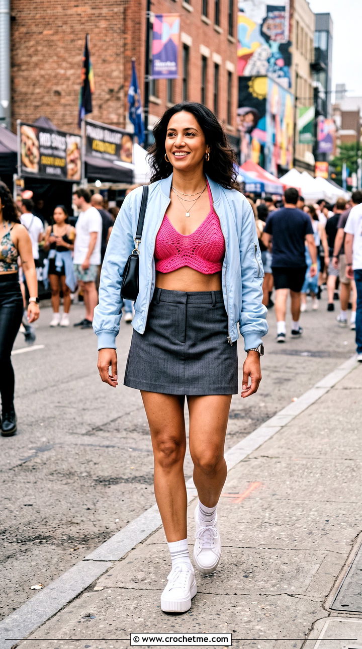 Starburst Crochet Bra With Bomber Jacket And Mini Skirt - 30 crochet star bra outfit ideas