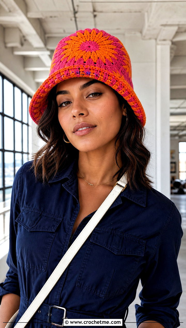 Starburst Crochet Bucket Hat With Utility Jumpsuit - 25 Crochet Bucket Hat Design Ideas