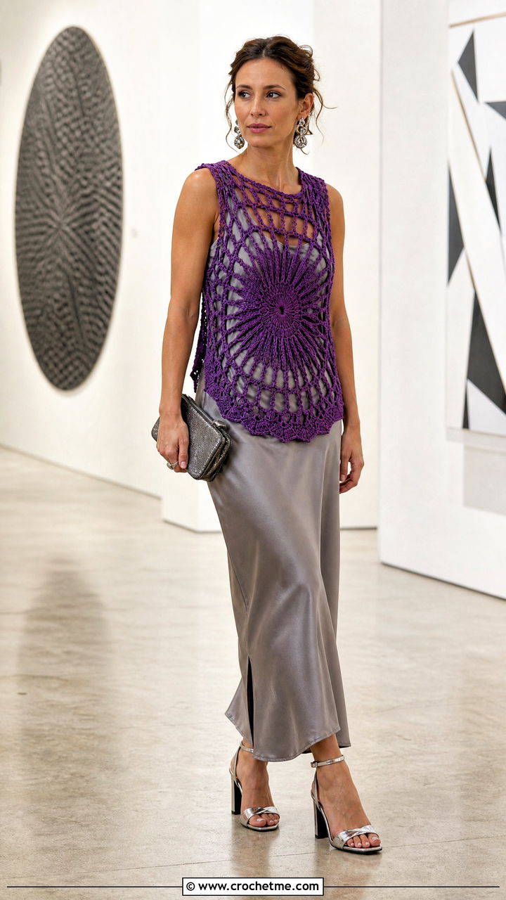 Starburst Crochet Circle Vest With Satin Slip Dress - 35 crochet circle vest outfit ideas