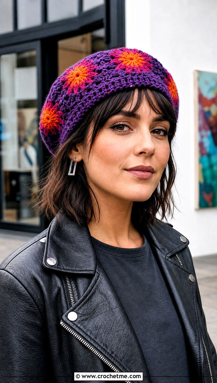Starburst Crochet Granny Square Beret With Leather Jacket And Trousers - 25 Crochet Granny Square Beret outfit ideas