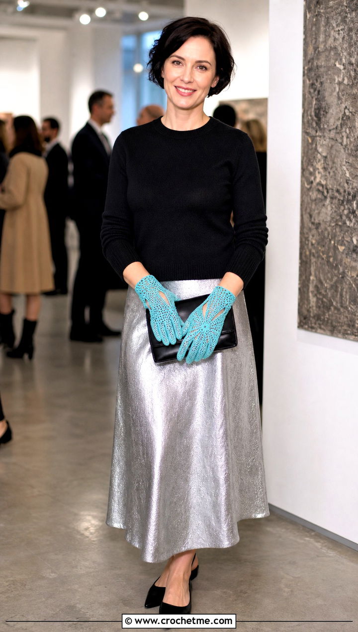 Starburst Crochet Lace Gloves With Metallic Skirt And Knit Top - 30 crochet lace gloves outfit ideas