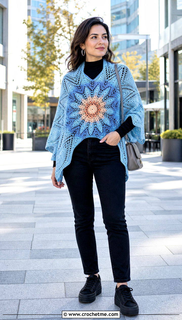 Starburst Crochet Mandala Shawl With Black Jeans - 25 Crochet Mandala Shawl outfit ideas