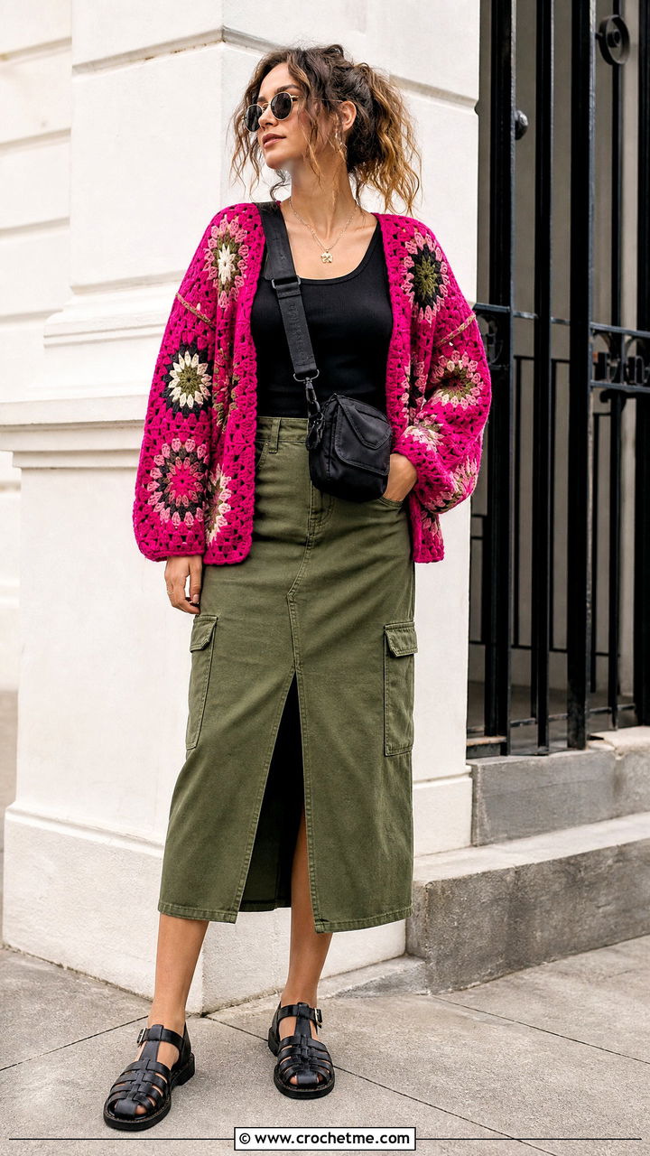 Starburst Granny Crochet Boho Cardigan With Cargo Skirt - 35 crochet boho cardigan outfit ideas
