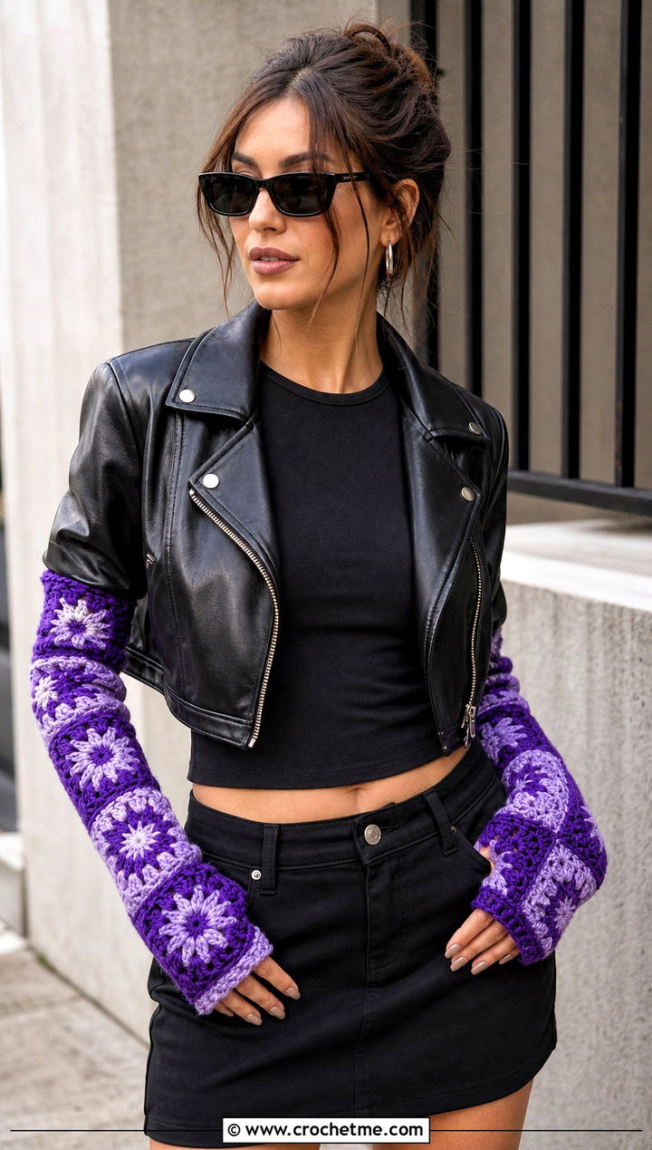 Starburst Granny Square Arm Warmers With Leather Jacket And Mini Skirt - 25 Granny Square Arm Warmers outfit ideas