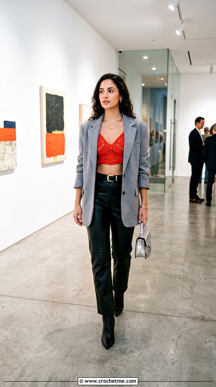 Starburst Granny Square Bralette With Leather Pants - 15 granny square bralette outfit ideas