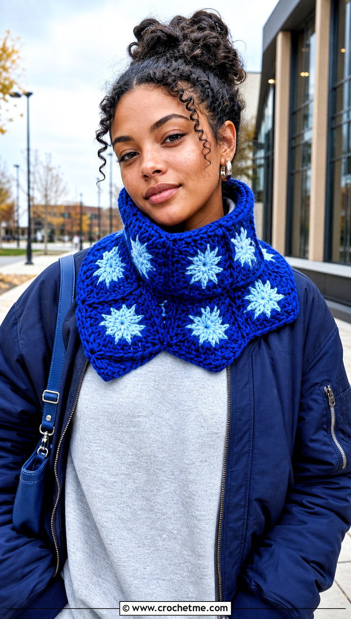 Starburst Granny Square Cowl With Bomber Jacket - 25 Granny Square Cowl outfit ideas