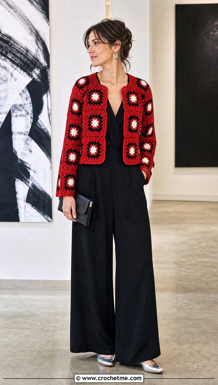 Starburst Granny Square Crochet Cardigan With Black Jumpsuit - 25 Crochet Cardigan From Square outfit ideas