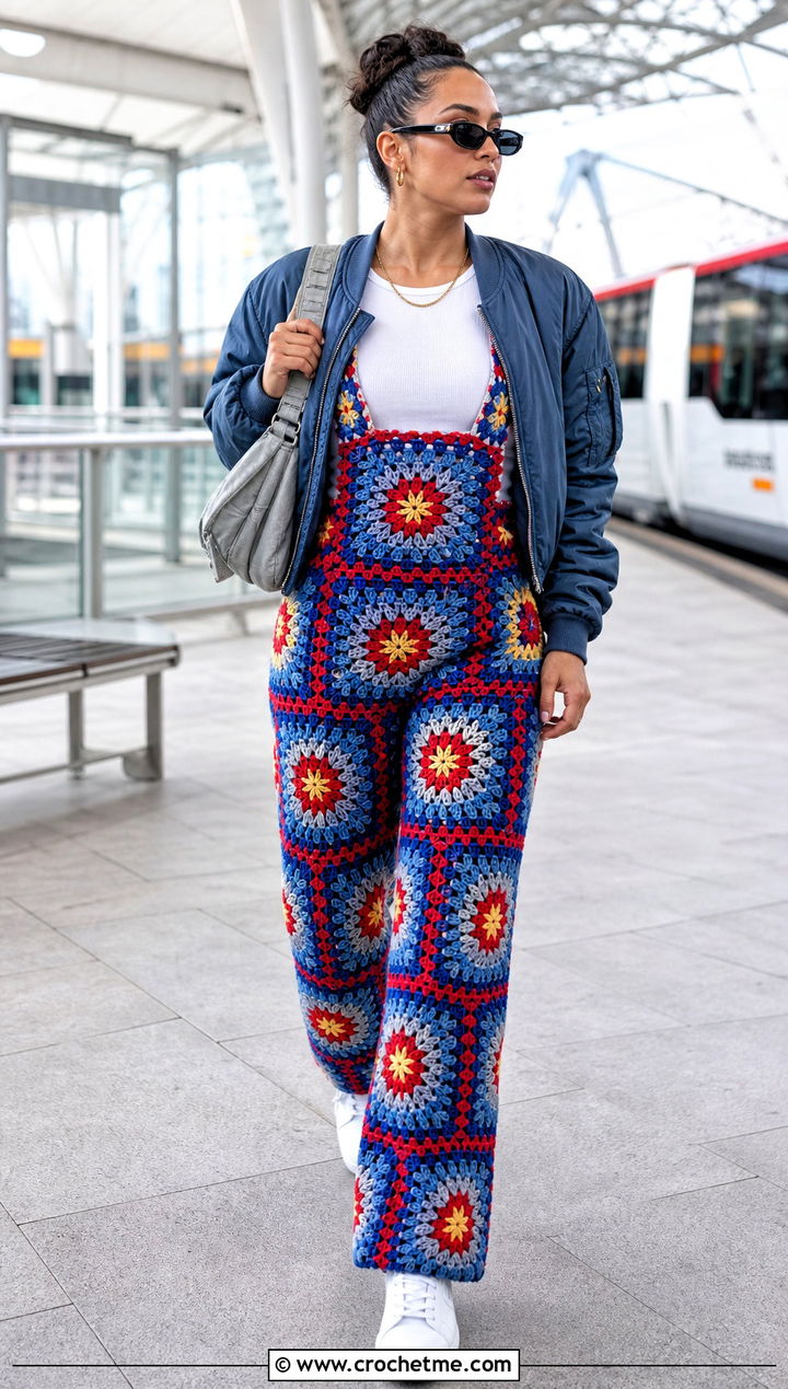 Starburst Granny Square Crochet Overalls With Bomber Jacket - 20 Granny Square Crochet Overalls outfit ideas