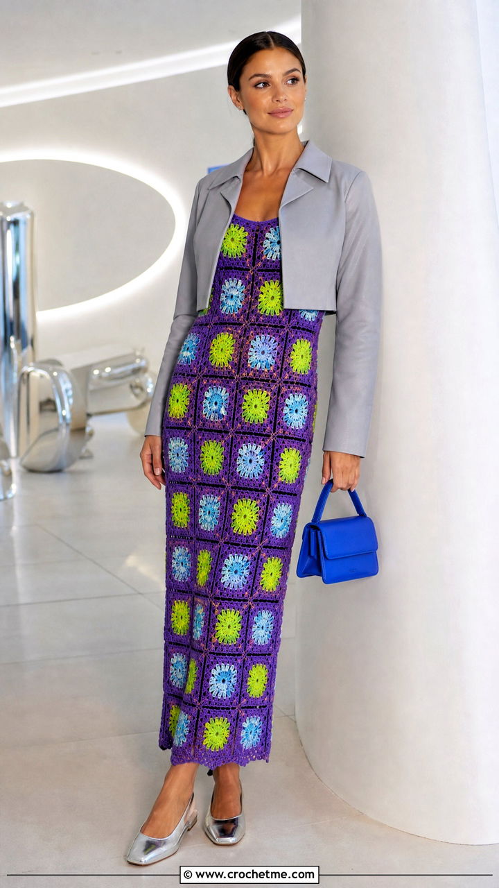 Starburst Granny Square Dress With Metallic Flats - 35 crochet granny square dress outfit ideas