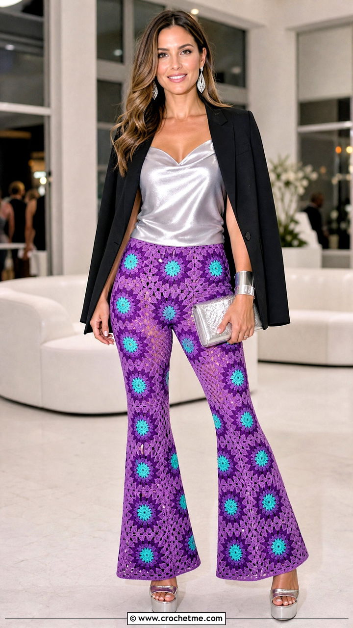 Starburst Granny Square Flare Pants With Satin Top And Heels - 35 crochet granny square pants outfit ideas