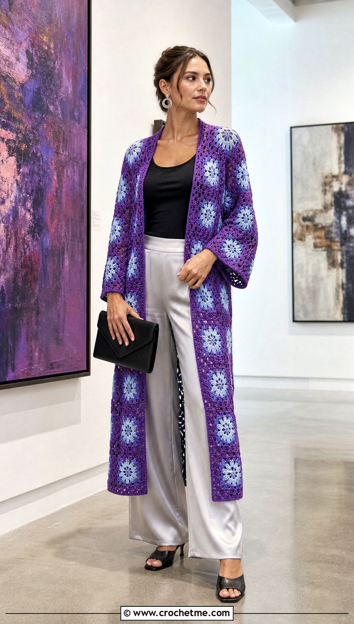 Starburst Granny Square Kimono With Satin Pants - 30 granny square kimono outfit ideas