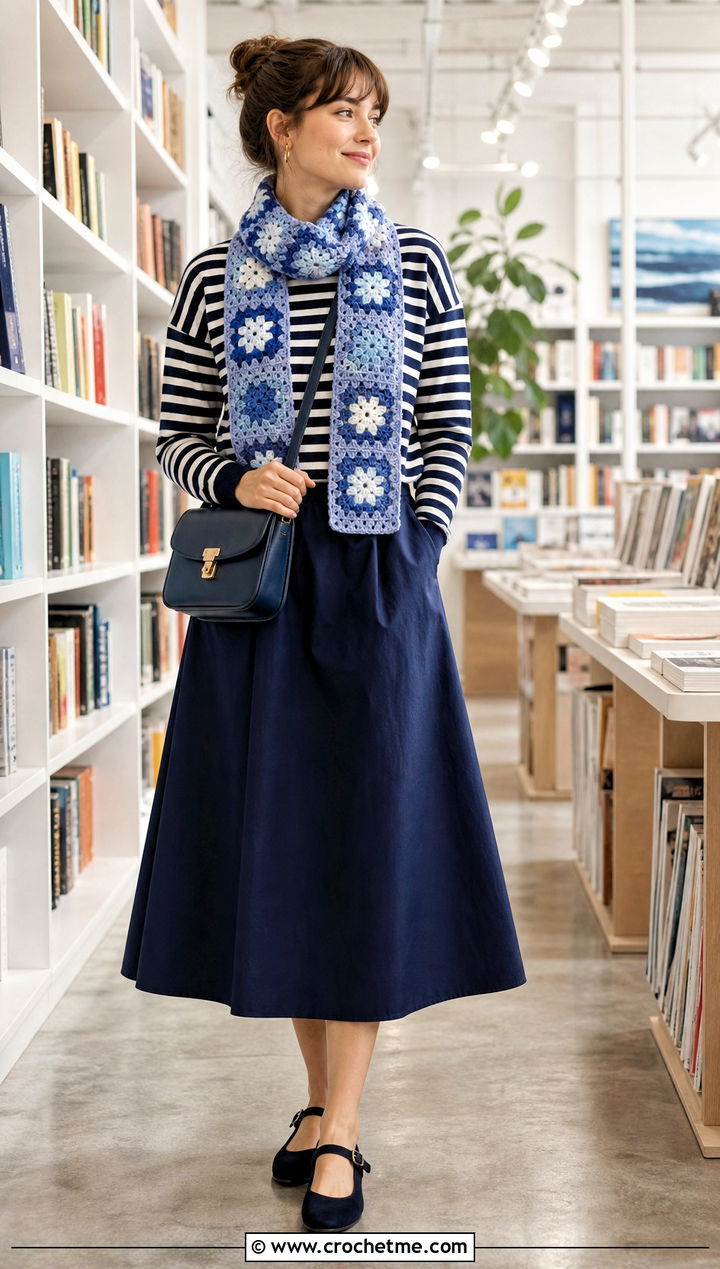 Starburst Granny Square Scarf With Striped Sweater And Midi Skirt - 35 granny square crochet scarf outfit ideas