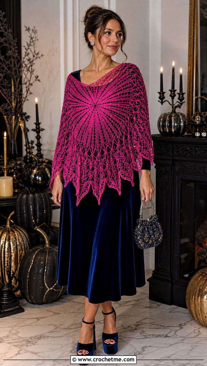 Starburst Halloween Shawl With Velvet Dress and Platform Shoes - 25 halloween crochet shawl outfit ideas