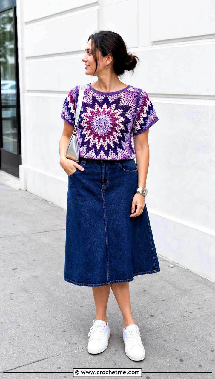 Starburst Mosaic Crochet Sweater Tee With Denim Skirt - 25 Mosaic Crochet Sweater outfit ideas