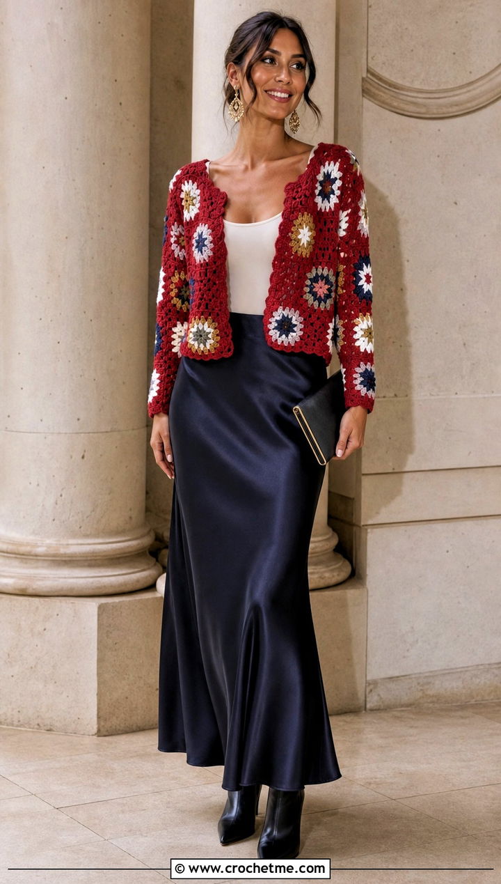 Starburst Small Granny Square Cardigan With Satin Maxi Skirt - 25 Small Granny Square Cardigan outfit ideas