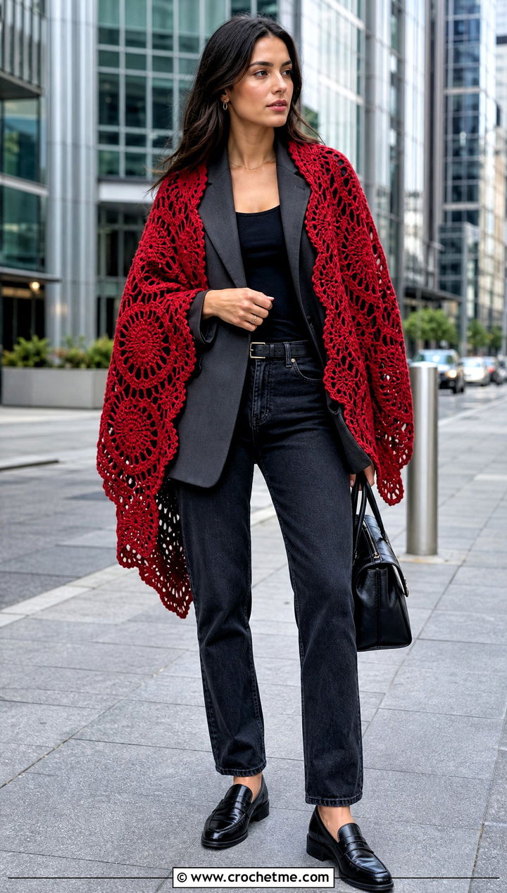 Starburst Square Crochet Shawl With Blazer And Jeans - 25 Square Crochet Shawl outfit ideas