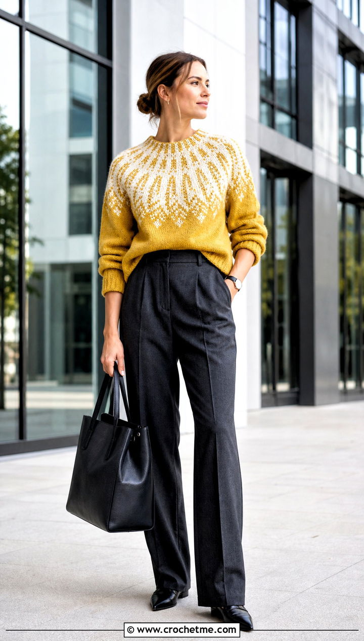 Starburst Yoke Nordic Crochet Sweater With Tailored Trousers - 25 nordic crochet sweater outfit ideas