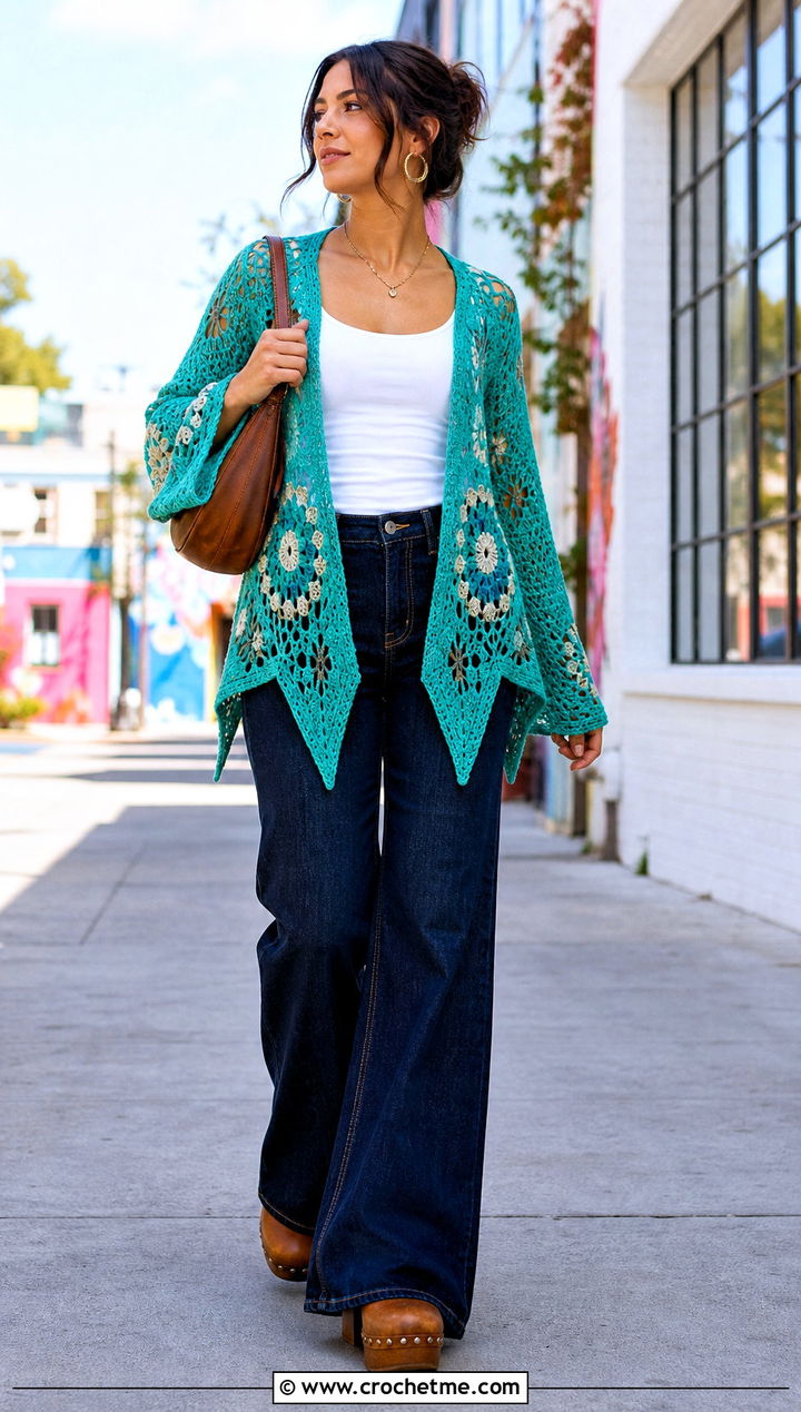 Starflower Mandala Cardigan With Wide Leg Jeans - 30 crochet circle cardigan outfit ideas