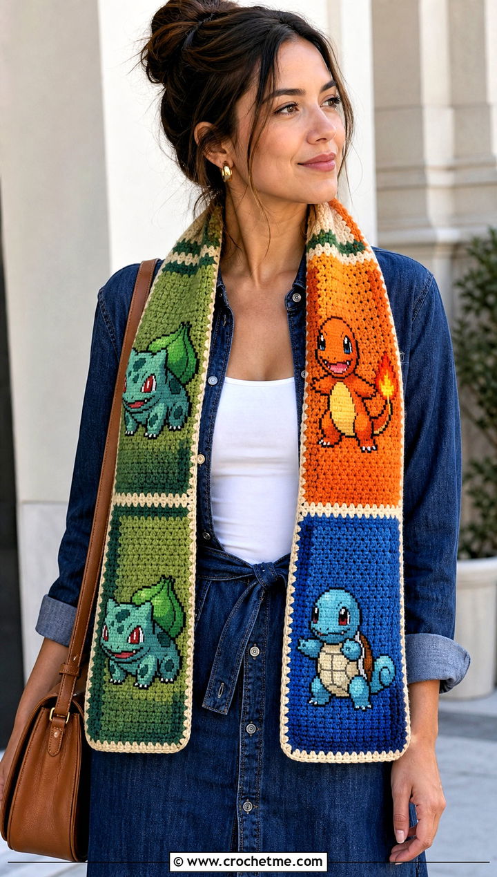 Starter Pokemon Patchwork Scarf With Denim Dress - 25 Crochet Pokemon Scarf outfit ideas