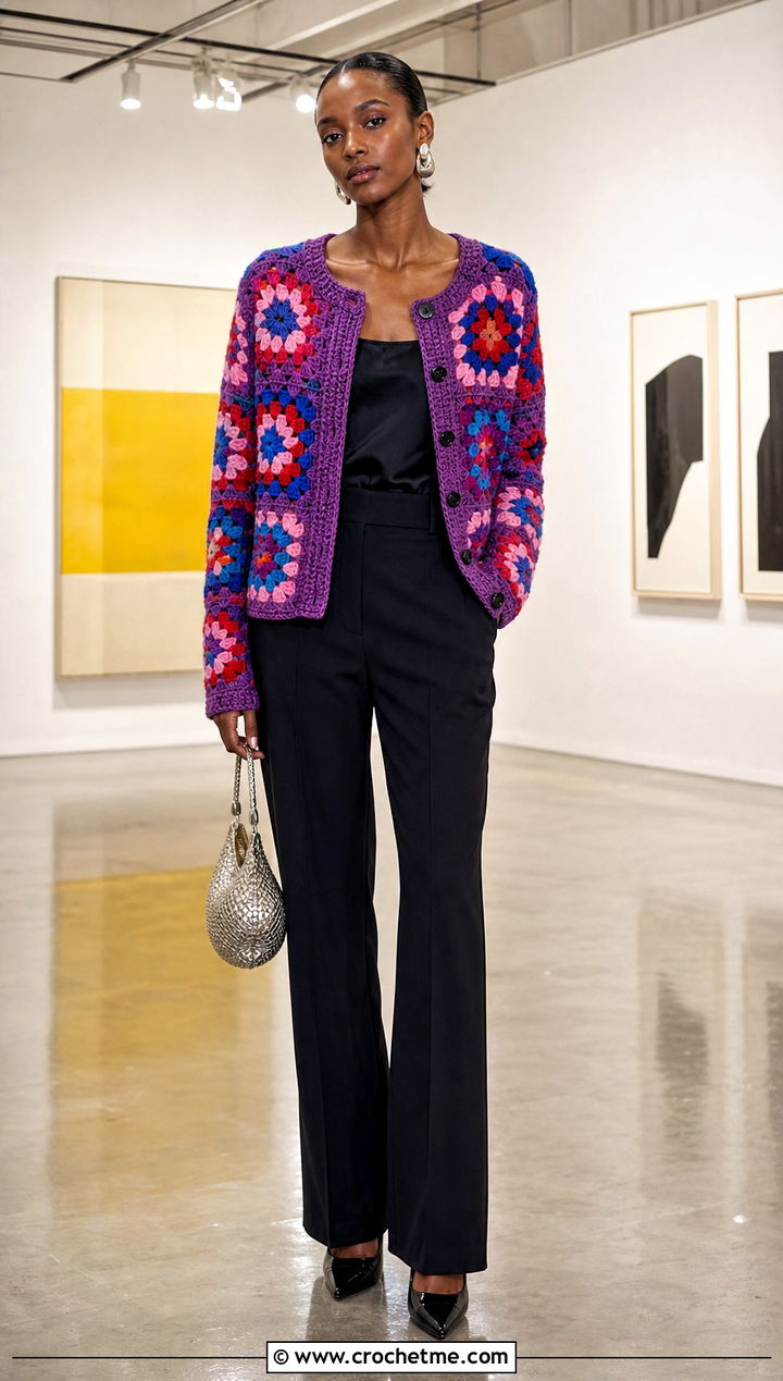 Statement African Flower Granny Square Cardigan With Evening Trousers - 30 african flower granny square cardigan outfit ideas