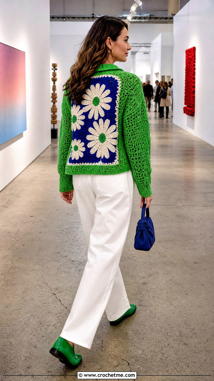 Statement Back Daisy Cardigan With Monochrome Basics - 35 Crochet Daisy Cardigan outfit ideas