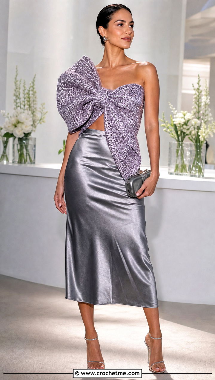 Statement Bow Crochet Top With Metallic Midi Skirt - 25 crochet bow top outfit ideas