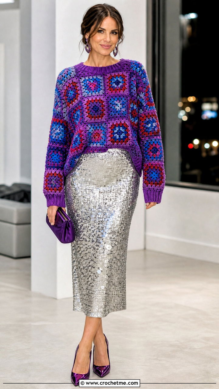 Statement Granny Square Crochet Sweater With Sequin Midi Skirt - 35 granny square crochet sweater outfit ideas