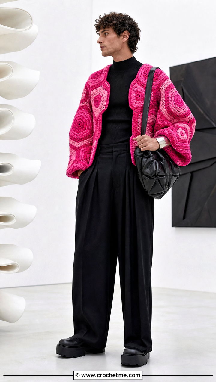 Statement Hexagon Crochet Cardigan With Pleated Wide Leg Pants - 35 men hexagon crochet cardigan outfit ideas