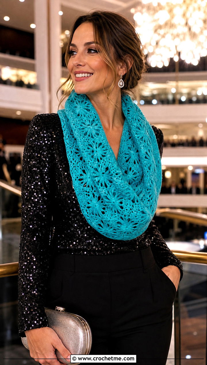 Statement Loop Bellflower Infinity Crochet Scarf With Sequin Top - 15 bellflower infinity crochet scarf outfit ideas