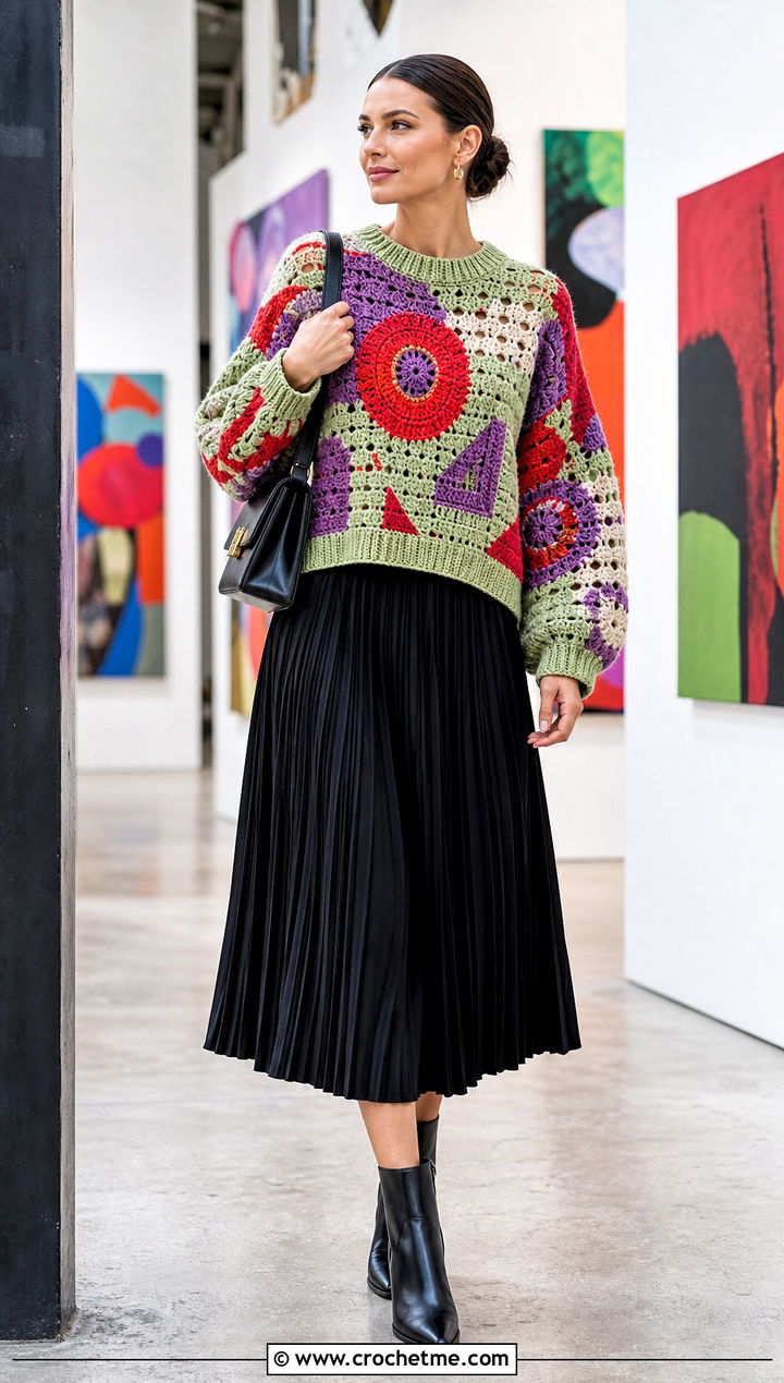 Statement Motif Crochet Knit Sweater With Pleated Skirt - 35 Crochet Knit Sweater outfit ideas