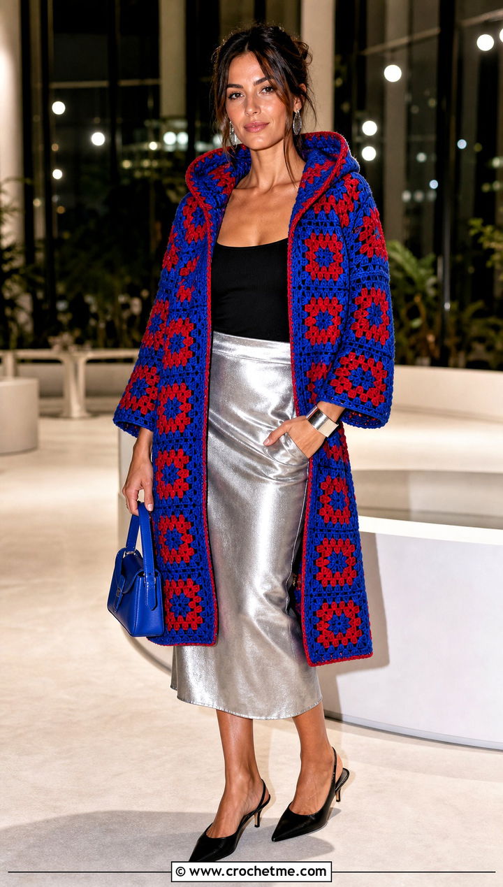 Statement Patchwork Granny Square Hooded Cardigan With Metallic Skirt - 25 Granny Square Hooded Cardigan outfit ideas