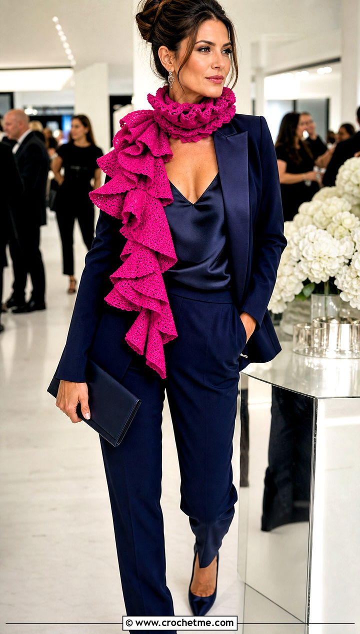 Statement Ruffle Scarf With Evening Suit And Pumps - 30 crochet ruffle scarf outfit ideas