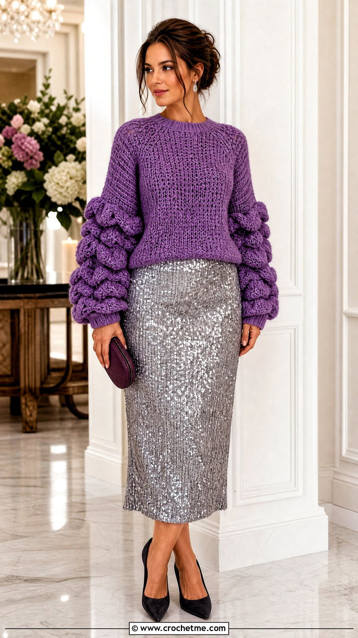 Statement Sleeve Chunky Crochet Sweater With Sequin Midi Skirt - 35 chunky crochet sweater outfit ideas