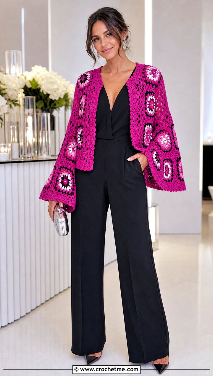 Statement Sleeve Granny Square Cardigan With Jumpsuit - 25 granny crochet sweater outfit ideas