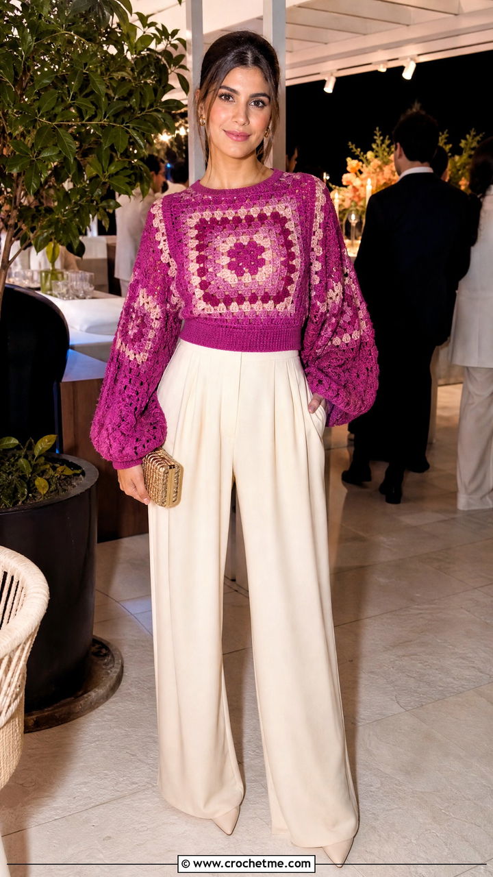 Statement Sleeve Granny Square Sweater With Evening Trousers - 35 granny square sweater outfit ideas