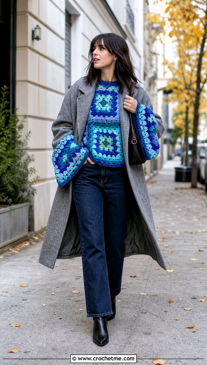 Statement Sleeve Granny Square Sweater With Wool Coat And Jeans - 25 Fall Granny Square Sweater outfit ideas