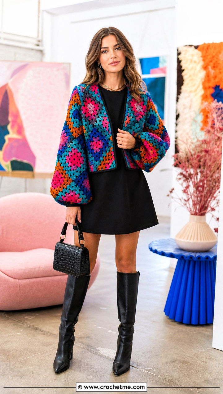 Statement Sleeve Howls Crochet Jacket With Mini Dress - 25 Howl's Crochet Jacket outfit ideas