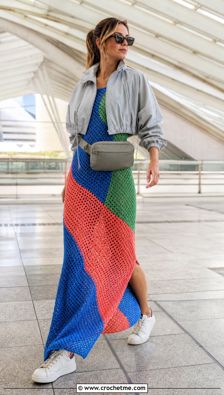 Stella McCartney Color Block Crochet Maxi Dress With Windbreaker - 15 Stella Mccartney Crochet Dress outfit ideas