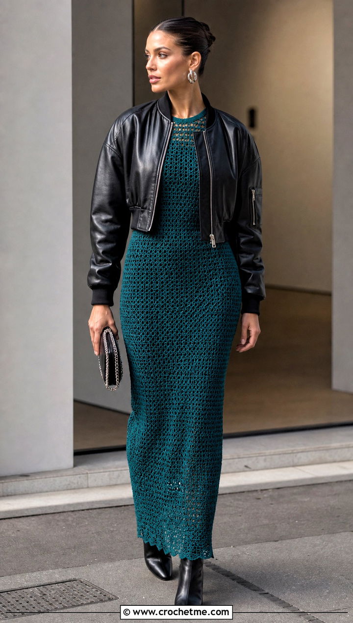 Stella McCartney Crochet Column Dress With Leather Bomber - 15 Stella Mccartney Crochet Dress outfit ideas