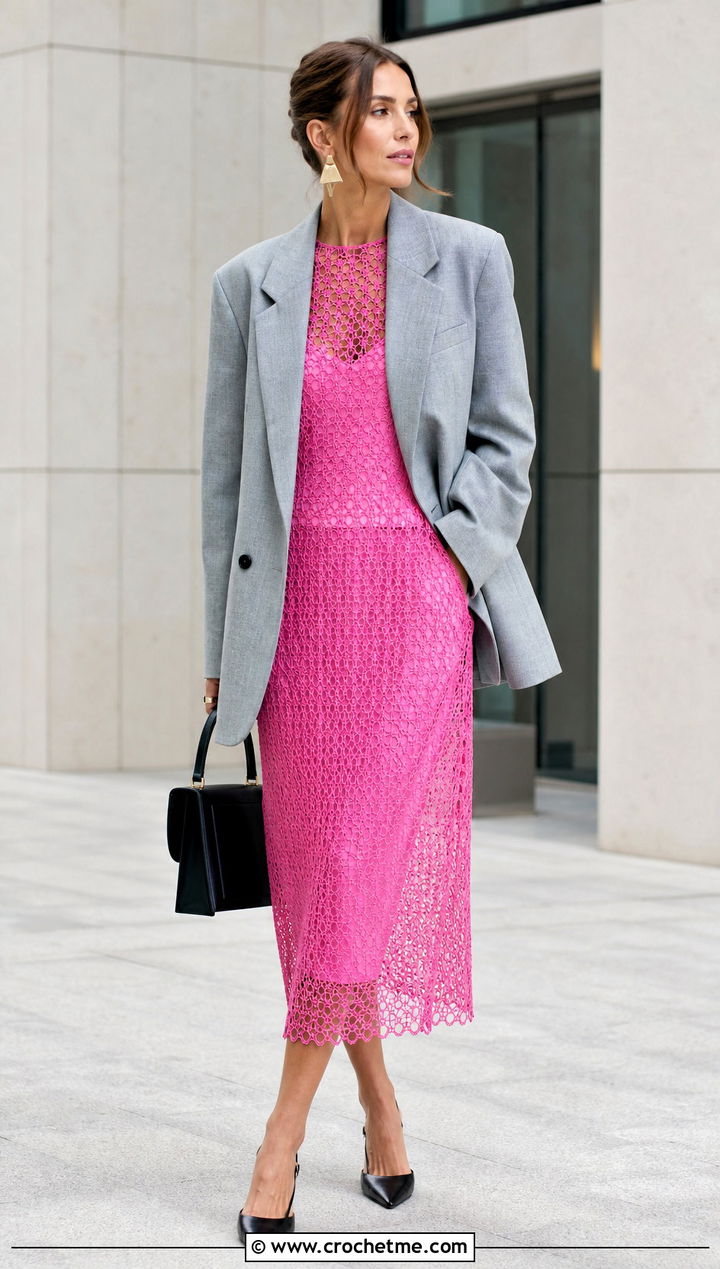 Stella McCartney Sheer Crochet Midi Dress With Oversized Blazer - 15 Stella Mccartney Crochet Dress outfit ideas