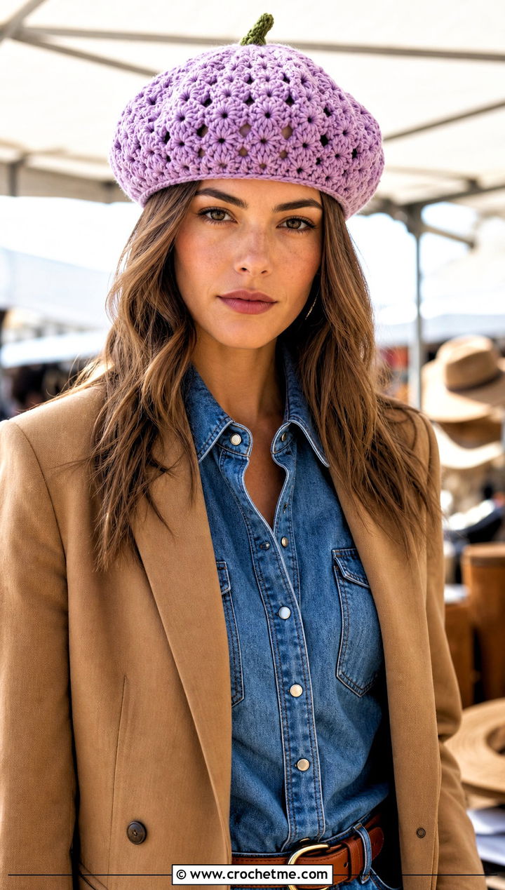 Stem Top Crochet Beret With Western Denim - 20 crochet beret hat outfit ideas