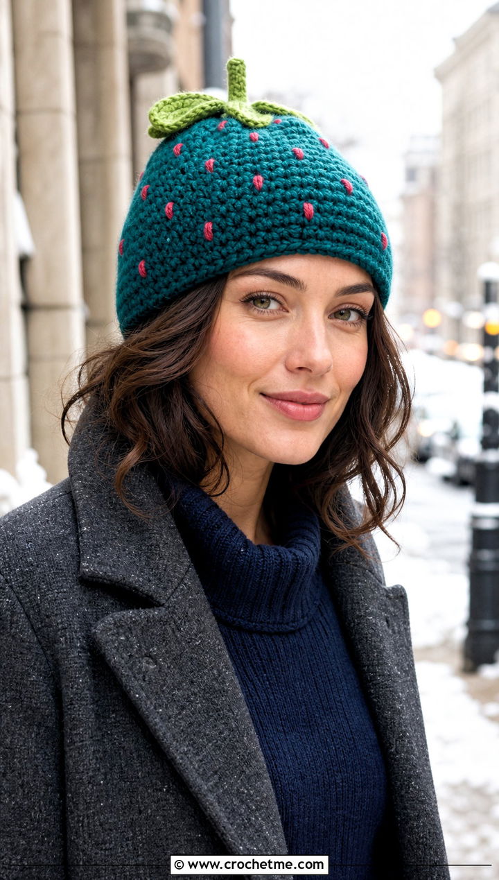 Stem Top Strawberry Beanie With Sweater Dress - 30 Crochet Strawberry Beanie outfit ideas