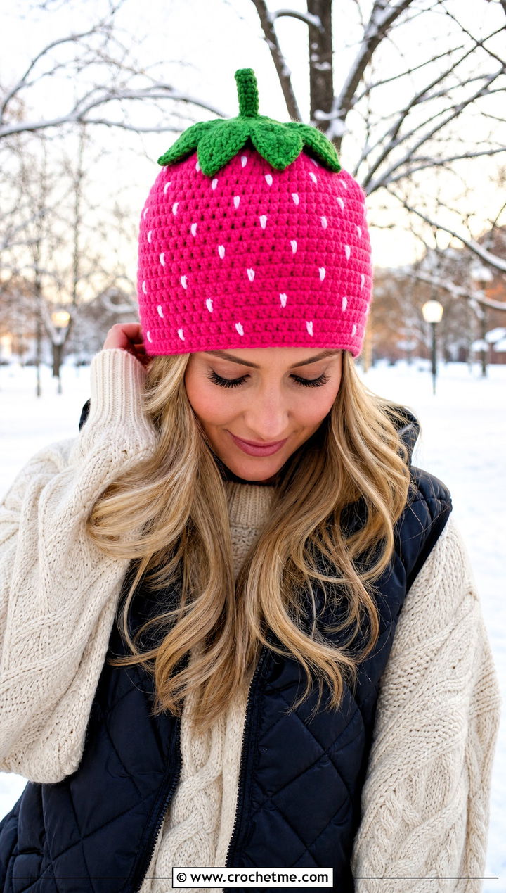 Stem Top Strawberry Crochet Beanie With Oversized Sweater - 30 strawberry crochet hat outfit ideas