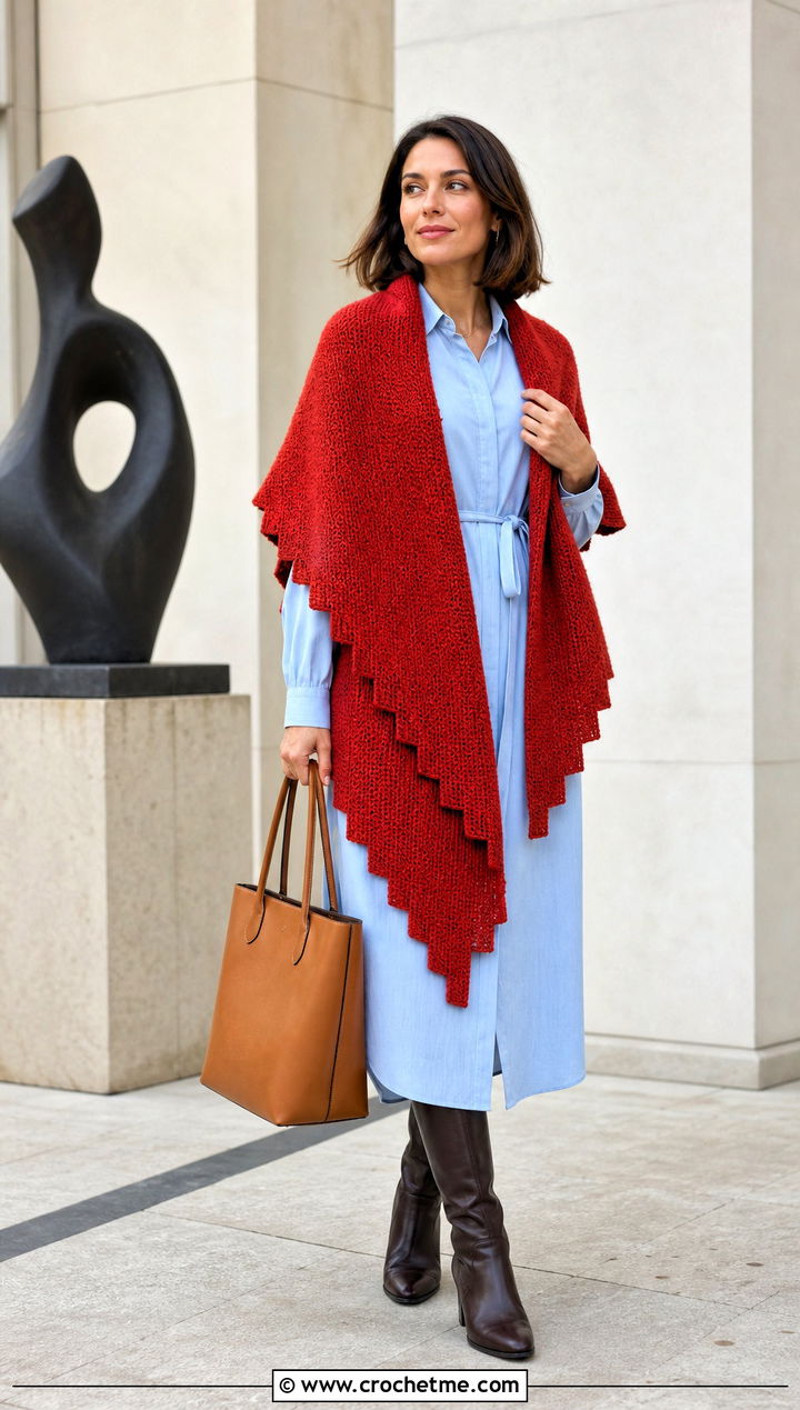 Stepped Triangle Tunisian Shawl With Shirt Dress - 35 tunisian crochet shawl outfit ideas