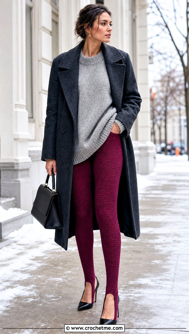Stirrup Crocheted Leggings With Oversized Sweater And Pumps - 20 Crocheted Leggings outfit ideas