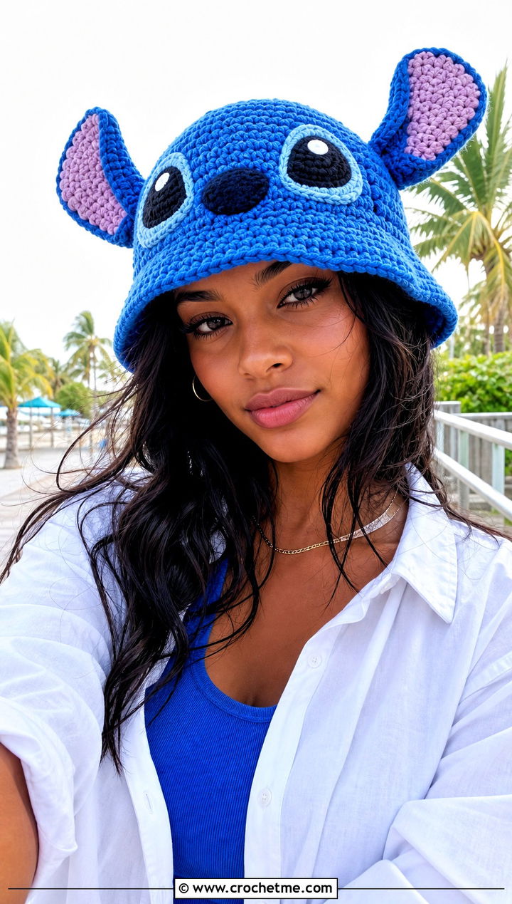Stitch Crochet Bucket Hat With Oversized Shirt - 30 disney crochet hat outfit ideas