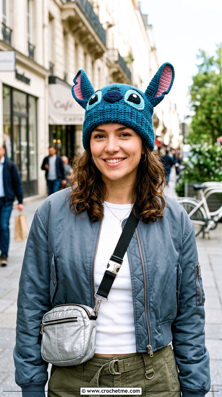 Stitch Ear Beanie With Cargo Pants - 25 Crochet Disney Beanie outfit ideas