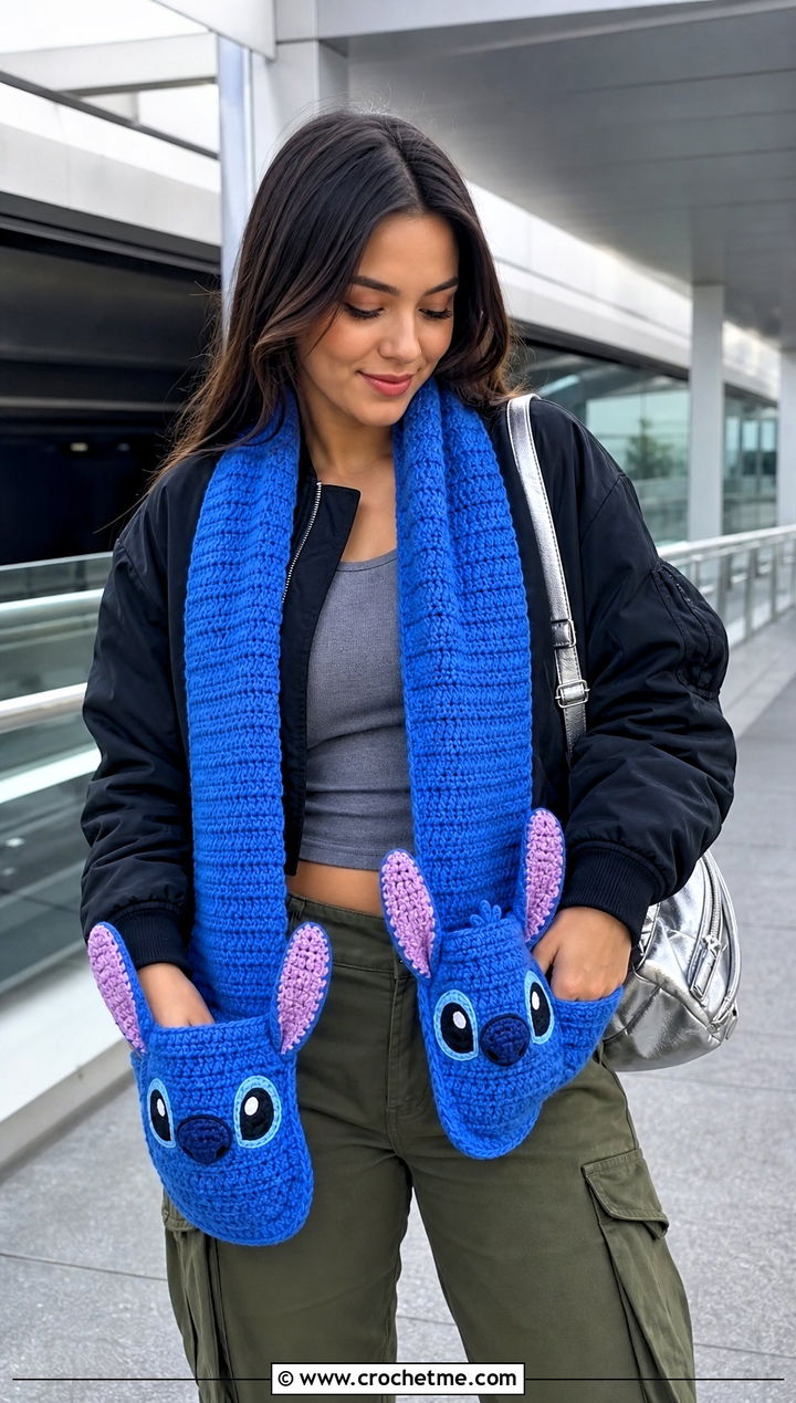 Stitch Pocket Crochet Scarf With Cargo Pants - 20 Crochet Disney Scarf outfit ideas