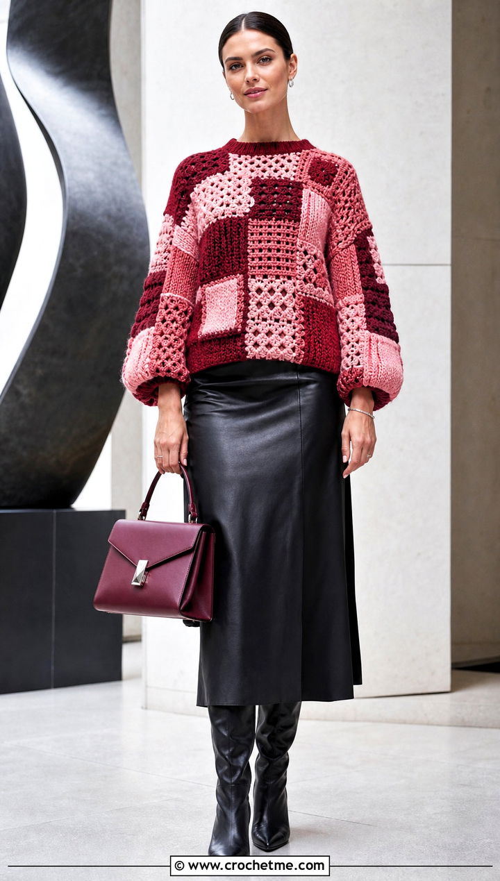 Stitch Sampler Patchwork Sweater With Leather Midi Skirt - 30 crochet patchwork sweater outfit ideas